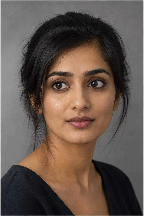 Face identity reference: an adult South Asian woman with expressive eyes and a softly angular face