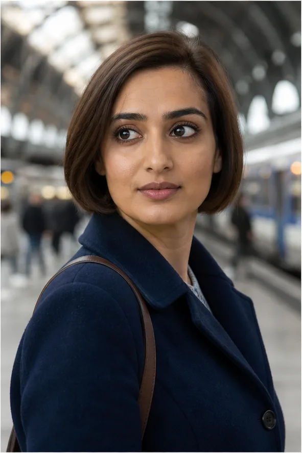 Natural face-swap result for an adult woman in a navy coat standing in a bright train station