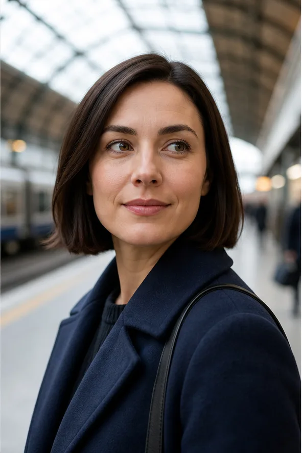 Face-swap target: an adult woman in a navy coat standing in a bright train station