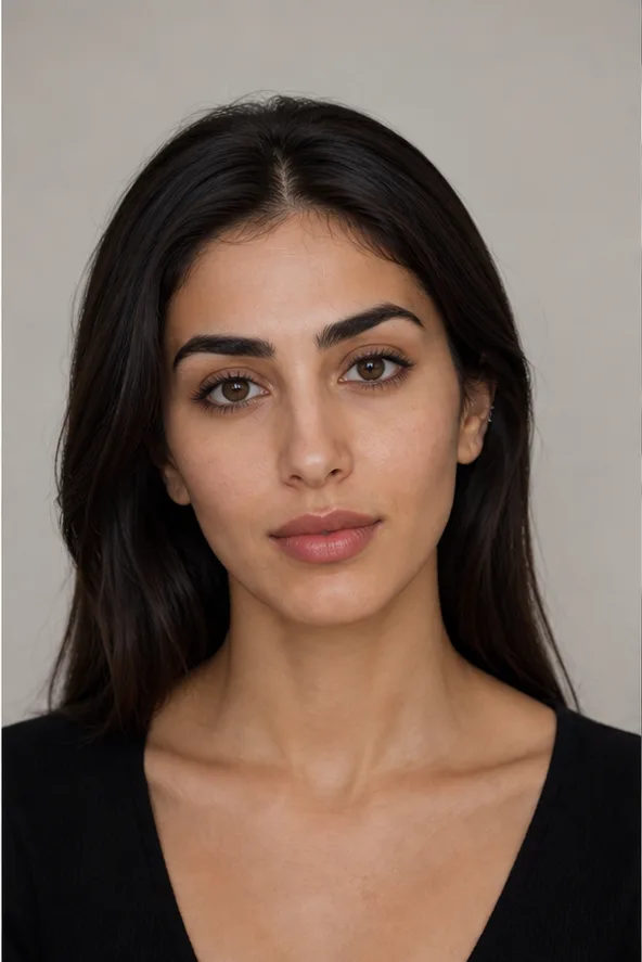 Face identity reference: an adult Middle Eastern woman with strong brows and a graceful long face