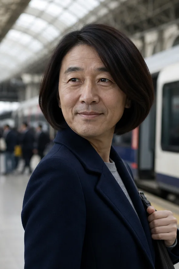 Natural face-swap result for an adult woman in a navy coat standing in a bright train station