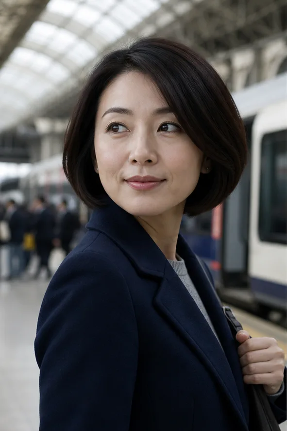 Face-swap target: an adult woman in a navy coat standing in a bright train station