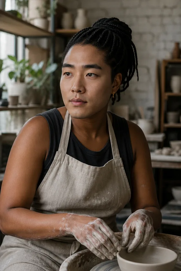 Natural face-swap result for an adult Black woman in a linen apron working in a ceramics studio