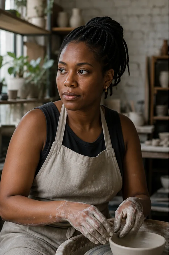 Face-swap target: an adult Black woman in a linen apron working in a ceramics studio