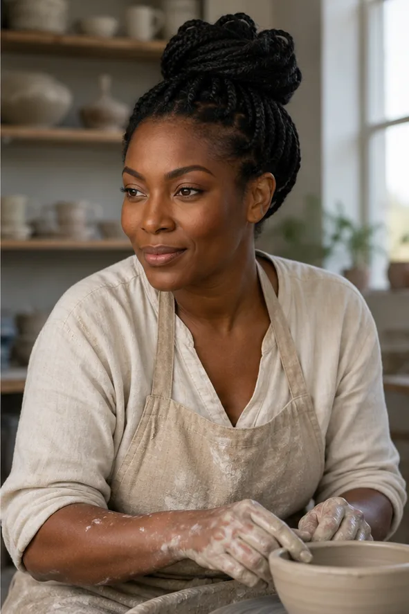 Natural face-swap result for an adult Black woman in a linen apron working in a ceramics studio