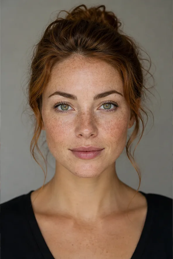Face identity reference: an adult white woman with freckles and a heart-shaped face