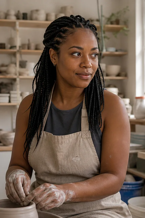 Face-swap target: an adult Black woman in a linen apron working in a ceramics studio
