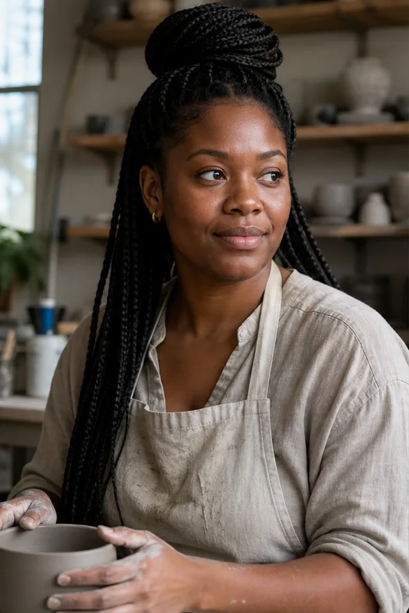 Face-swap target: an adult Black woman in a linen apron working in a ceramics studio