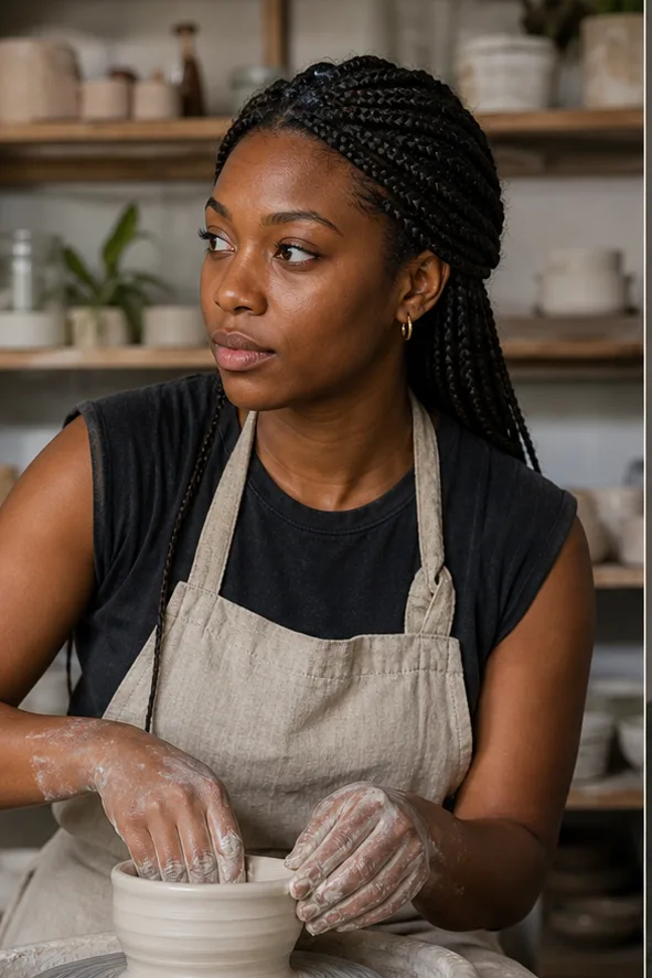 Face-swap target: an adult Black woman in a linen apron working in a ceramics studio
