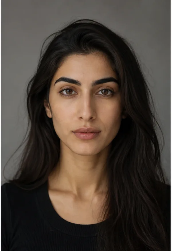 Face identity reference: an adult Middle Eastern woman with strong brows and a graceful long face