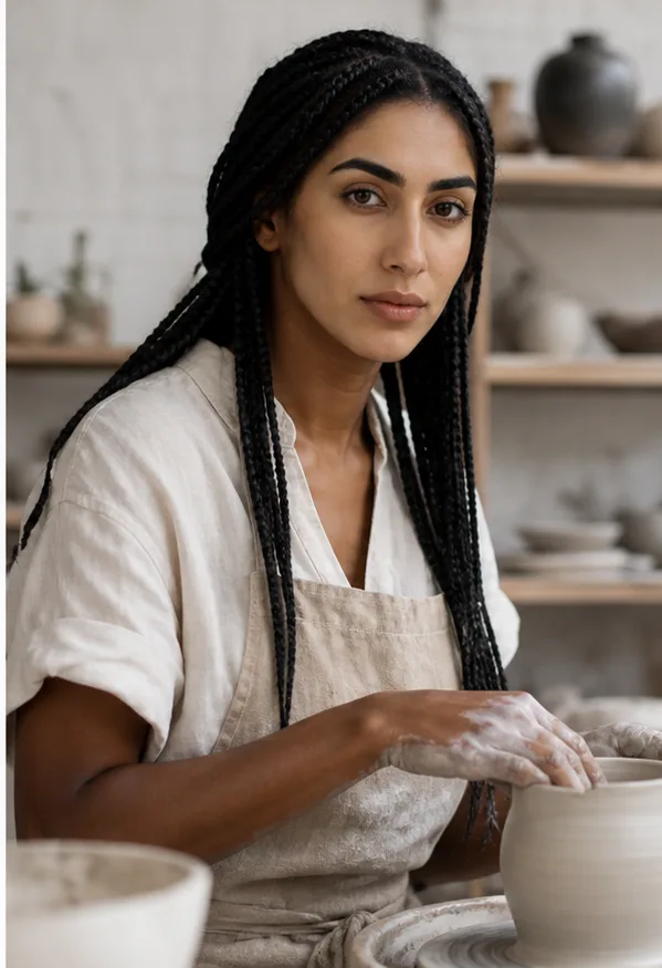 Natural face-swap result for an adult Black woman in a linen apron working in a ceramics studio
