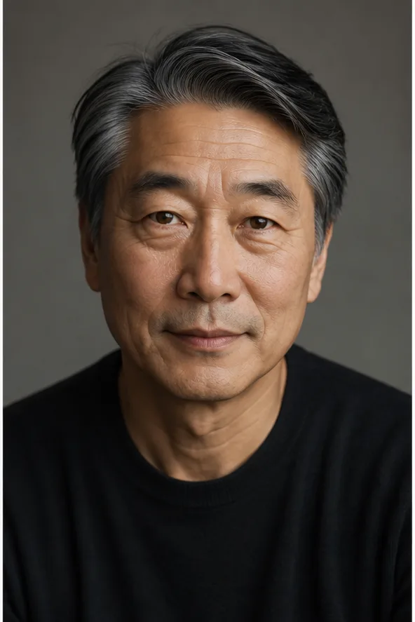 Face identity reference: an older East Asian man with kind eyes and refined facial lines