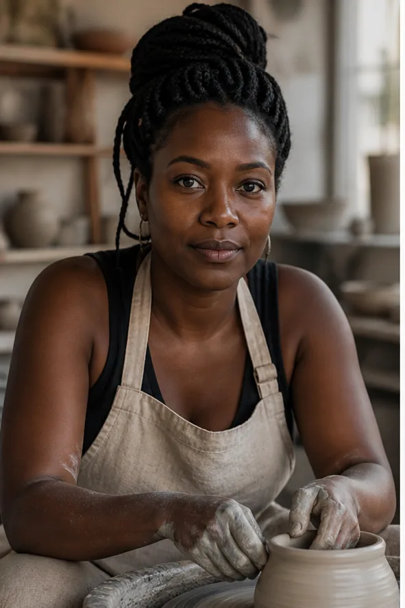 Face-swap target: an adult Black woman in a linen apron working in a ceramics studio