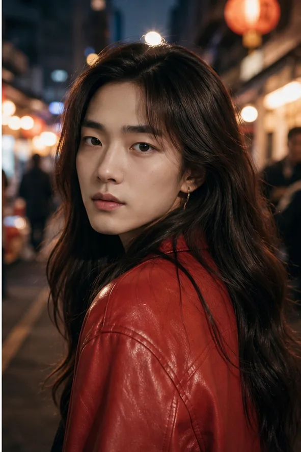 Natural face-swap result for an adult East Asian woman in a red jacket at a cinematic night market