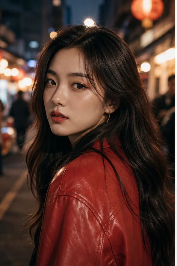 Face-swap target: an adult East Asian woman in a red jacket at a cinematic night market