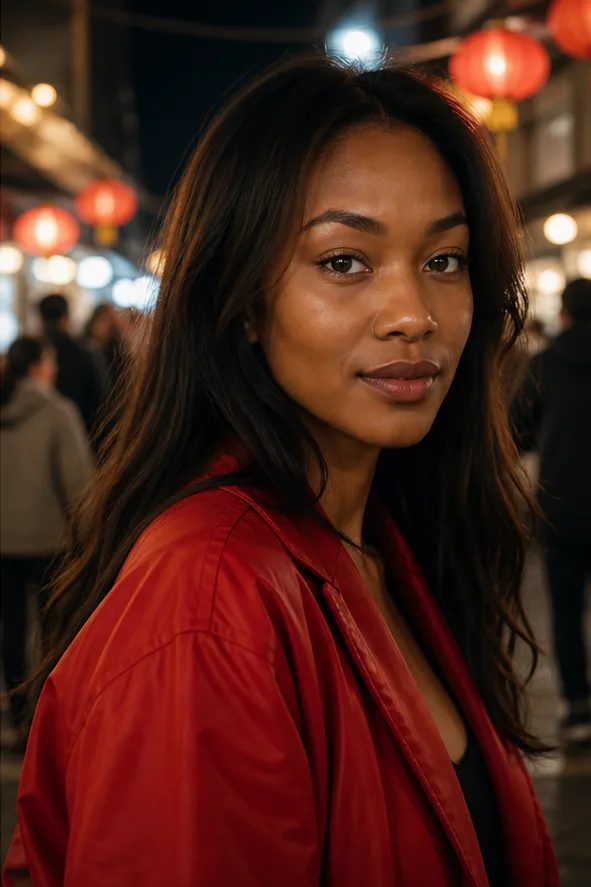 Natural face-swap result for an adult East Asian woman in a red jacket at a cinematic night market