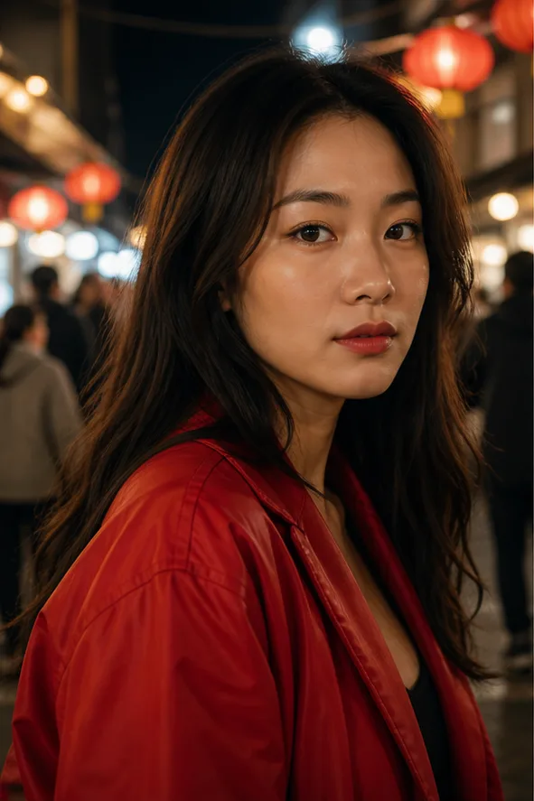 Face-swap target: an adult East Asian woman in a red jacket at a cinematic night market
