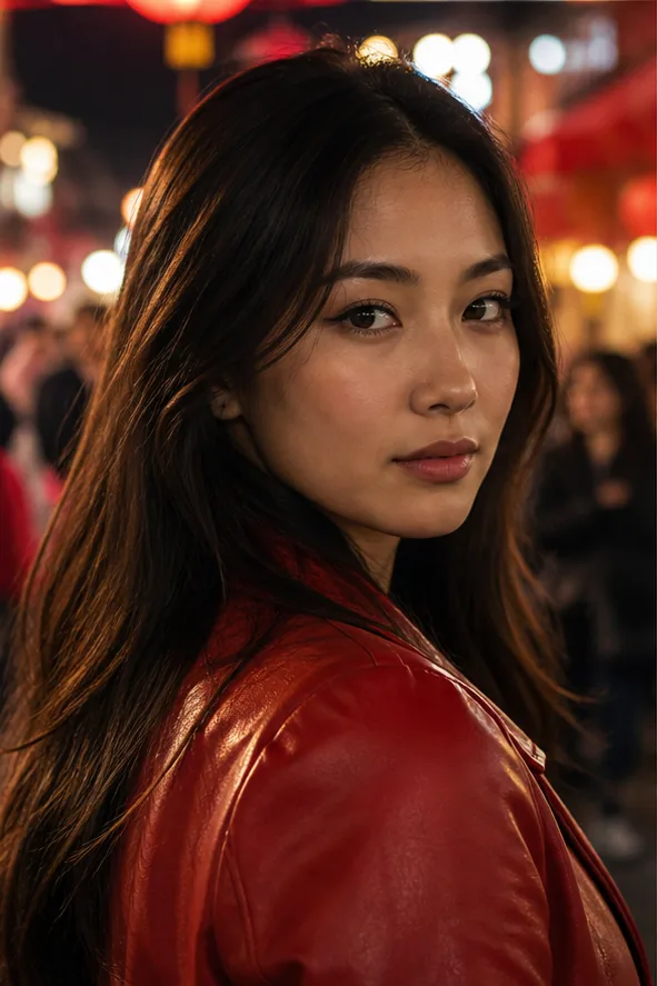 Face-swap target: an adult East Asian woman in a red jacket at a cinematic night market
