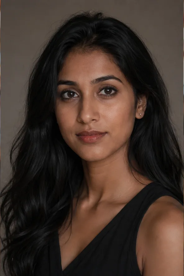 Face identity reference: an adult South Asian woman with expressive eyes and a softly angular face