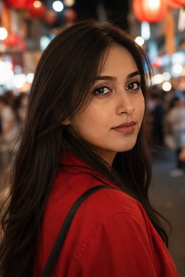 Natural face-swap result for an adult East Asian woman in a red jacket at a cinematic night market