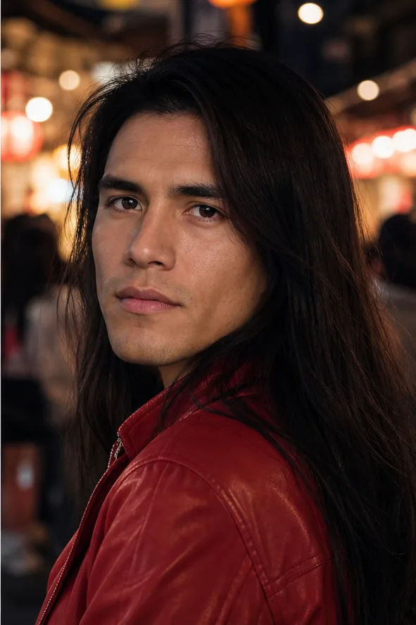 Natural face-swap result for an adult East Asian woman in a red jacket at a cinematic night market