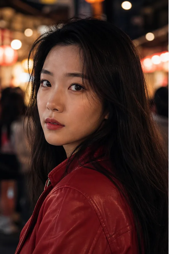 Face-swap target: an adult East Asian woman in a red jacket at a cinematic night market