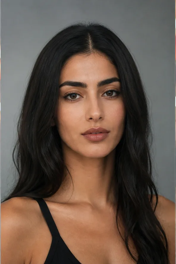Face identity reference: an adult Middle Eastern woman with strong brows and a graceful long face