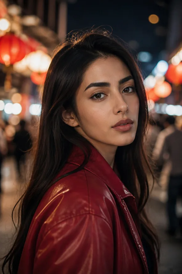 Natural face-swap result for an adult East Asian woman in a red jacket at a cinematic night market