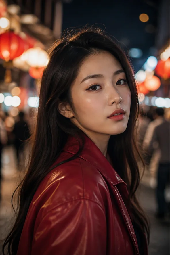 Face-swap target: an adult East Asian woman in a red jacket at a cinematic night market