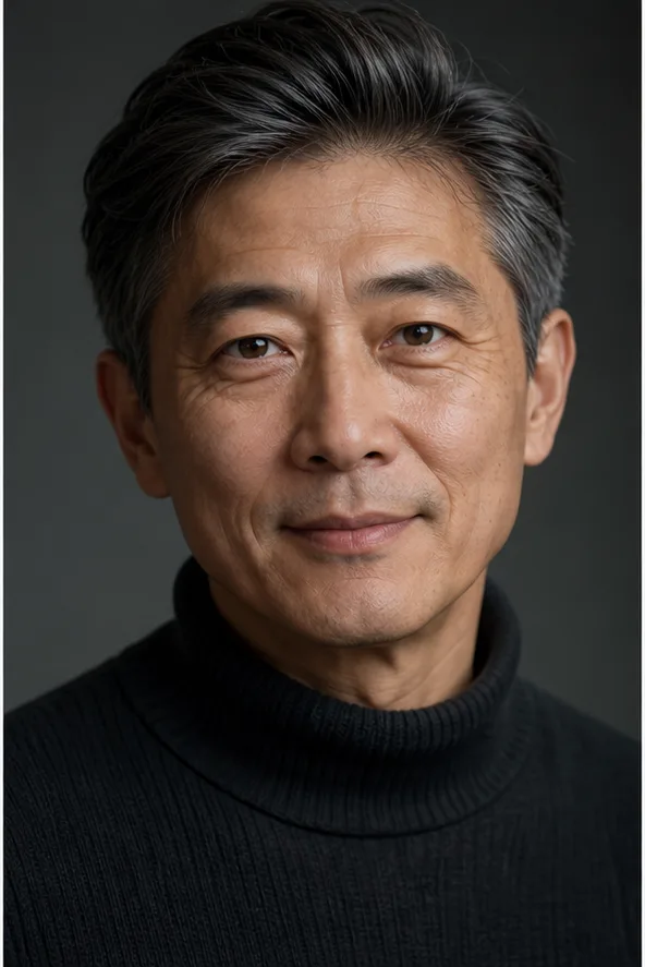 Face identity reference: an older East Asian man with kind eyes and refined facial lines