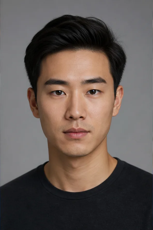 Face identity reference: an adult East Asian man with straight brows and an oval face