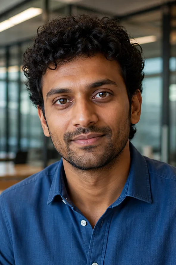 Face-swap target: an adult South Asian man in a blue shirt inside a modern architecture office