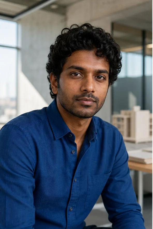 Face-swap target: an adult South Asian man in a blue shirt inside a modern architecture office