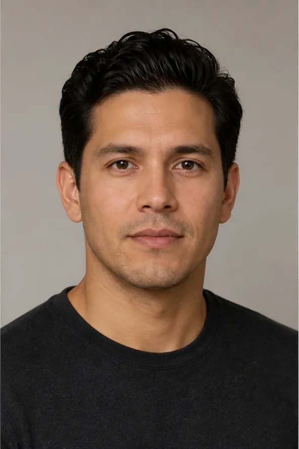 Face identity reference: an adult Latino man with a square jaw and gentle brown eyes