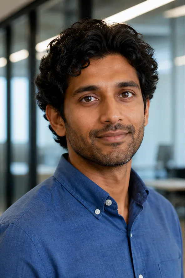 Face-swap target: an adult South Asian man in a blue shirt inside a modern architecture office