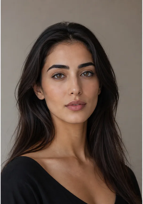 Face identity reference: an adult Middle Eastern woman with strong brows and a graceful long face
