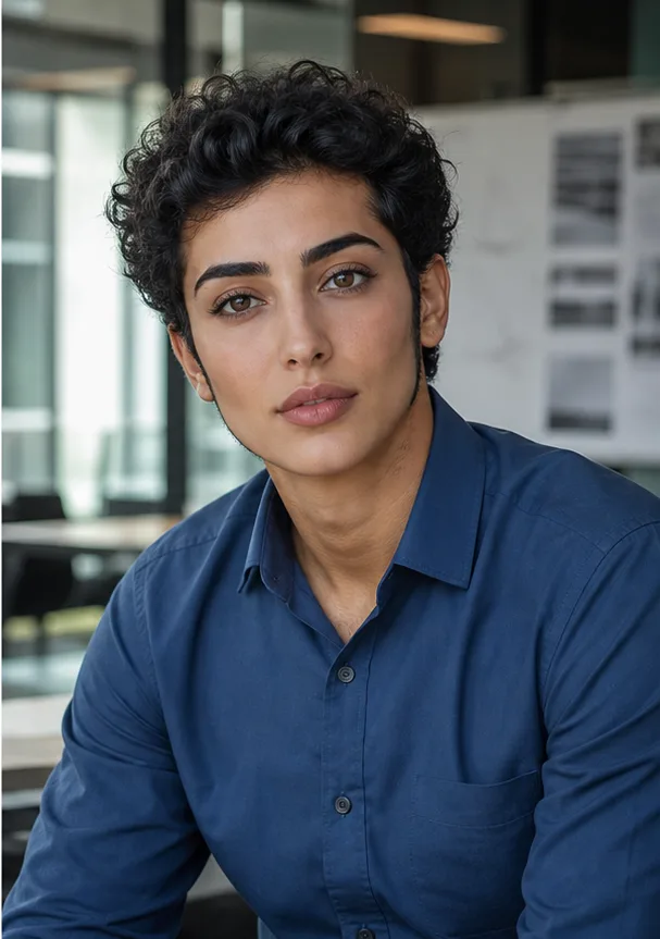 Natural face-swap result for an adult South Asian man in a blue shirt inside a modern architecture office