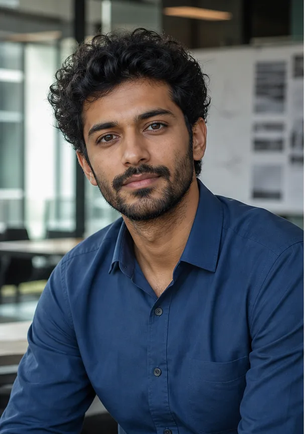 Face-swap target: an adult South Asian man in a blue shirt inside a modern architecture office
