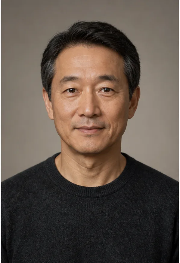 Face identity reference: an older East Asian man with kind eyes and refined facial lines