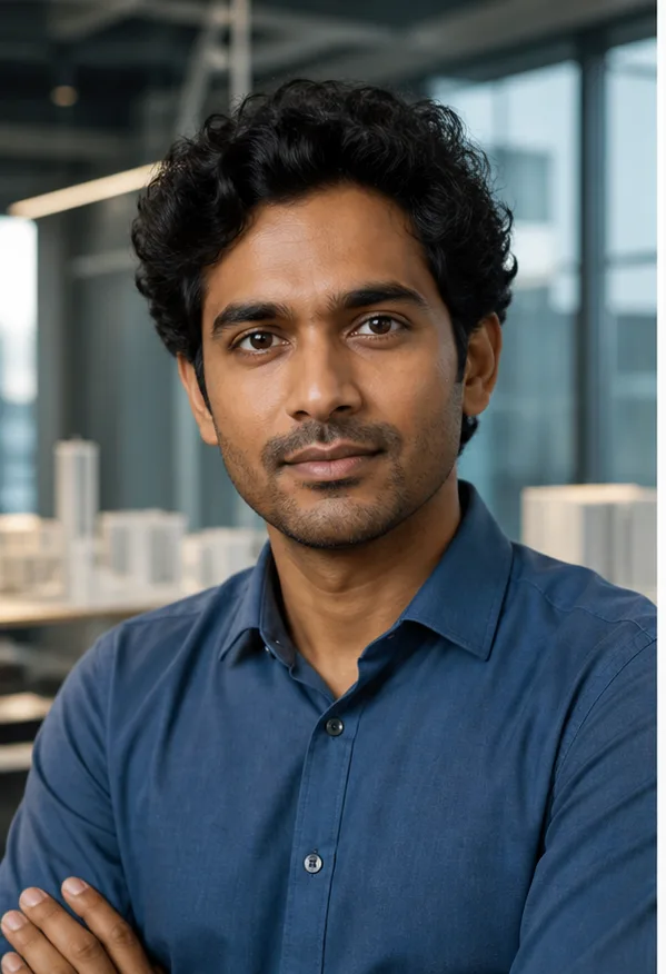 Face-swap target: an adult South Asian man in a blue shirt inside a modern architecture office