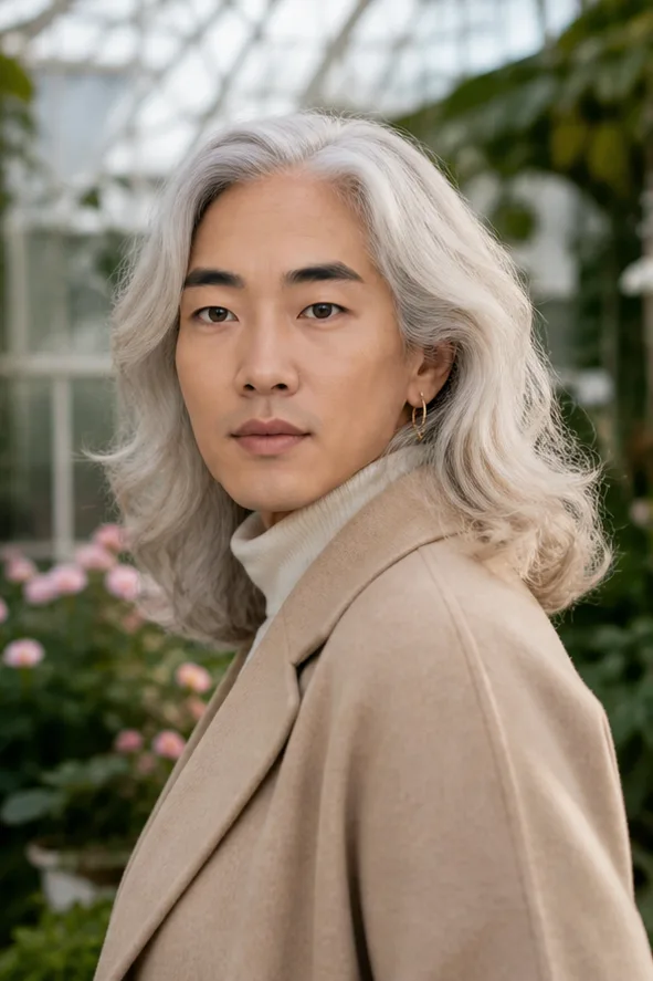 Natural face-swap result for an older adult woman in a beige coat inside a botanical garden