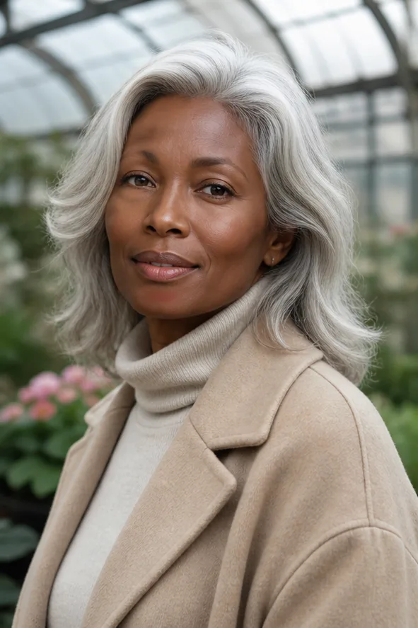 Natural face-swap result for an older adult woman in a beige coat inside a botanical garden