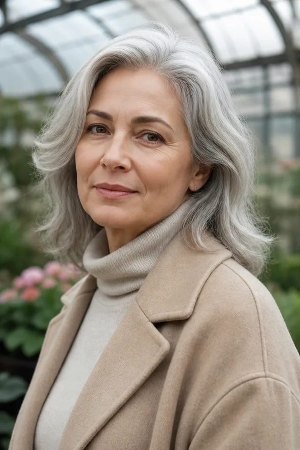 Face-swap target: an older adult woman in a beige coat inside a botanical garden