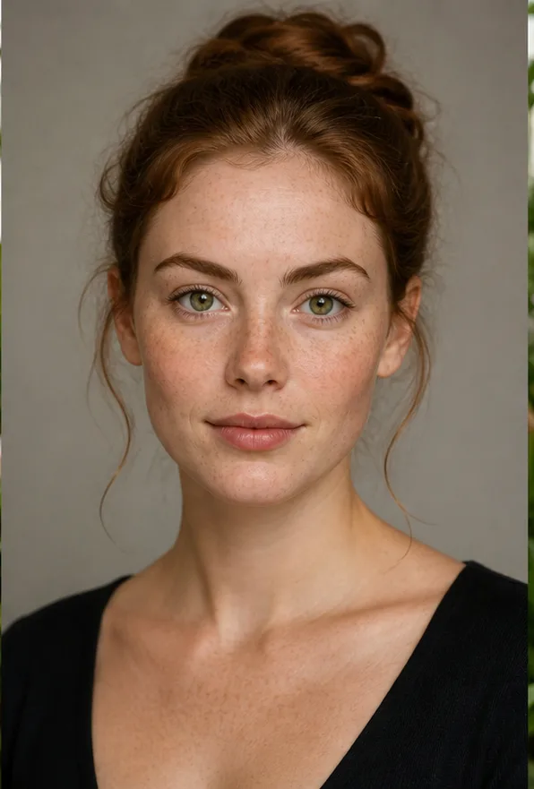 Face identity reference: an adult white woman with freckles and a heart-shaped face