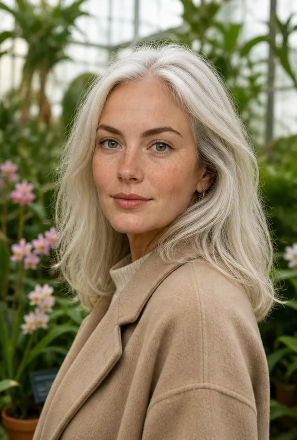 Natural face-swap result for an older adult woman in a beige coat inside a botanical garden
