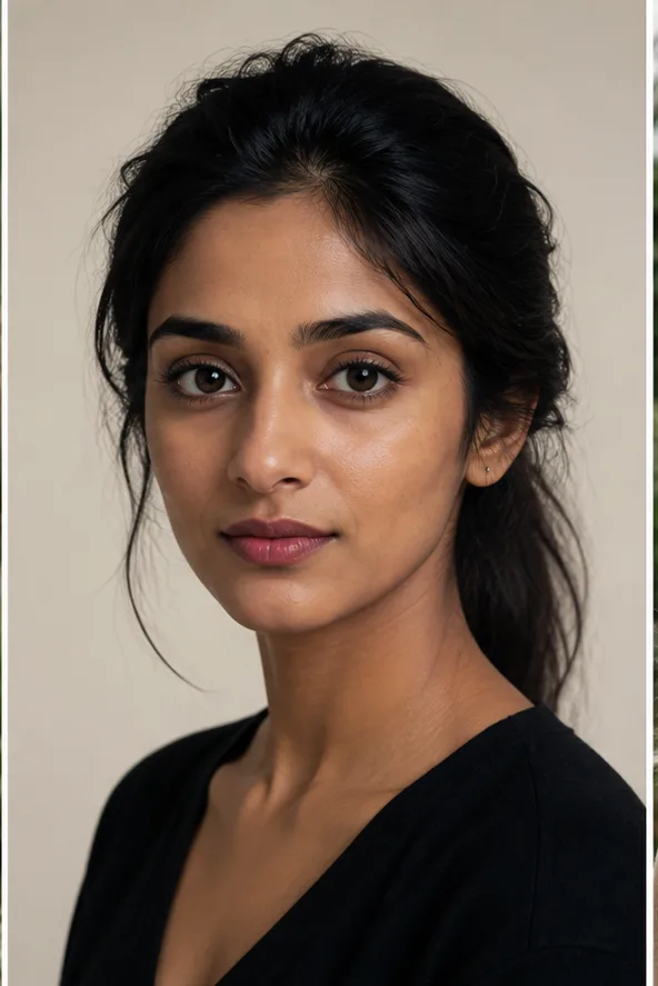 Face identity reference: an adult South Asian woman with expressive eyes and a softly angular face