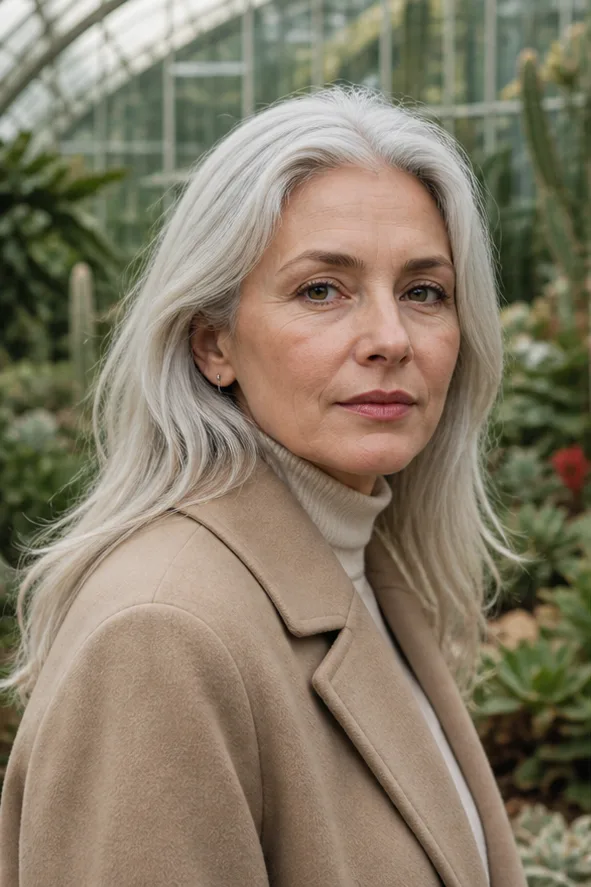 Face-swap target: an older adult woman in a beige coat inside a botanical garden
