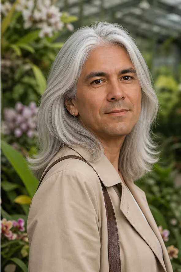 Natural face-swap result for an older adult woman in a beige coat inside a botanical garden