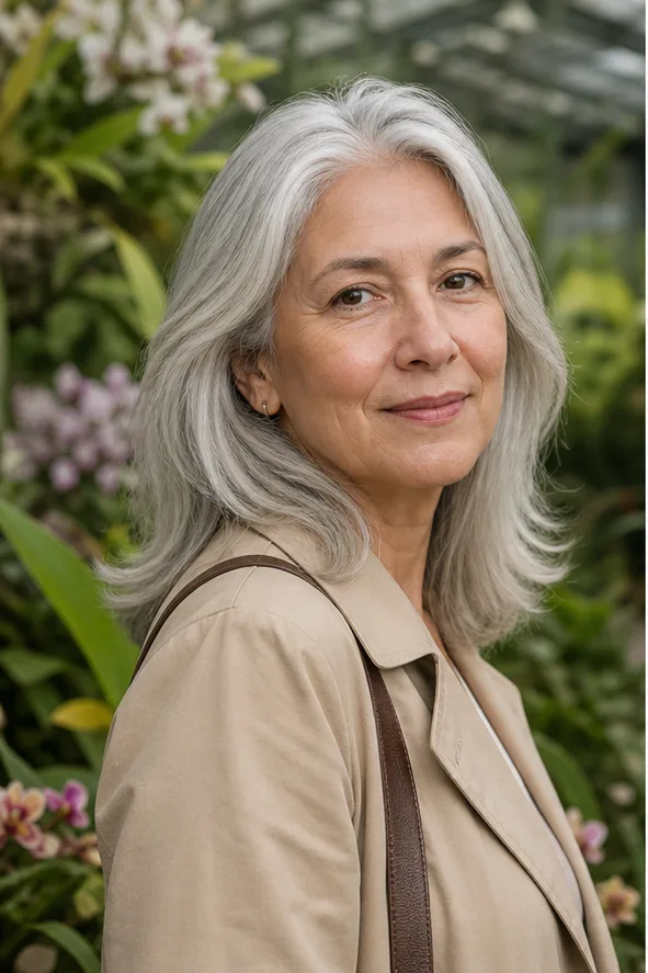 Face-swap target: an older adult woman in a beige coat inside a botanical garden