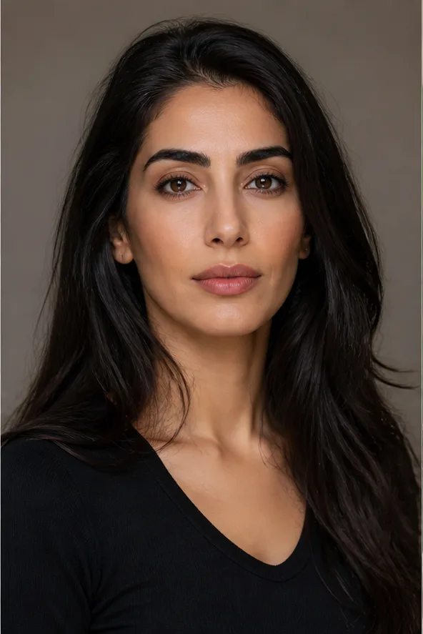 Face identity reference: an adult Middle Eastern woman with strong brows and a graceful long face